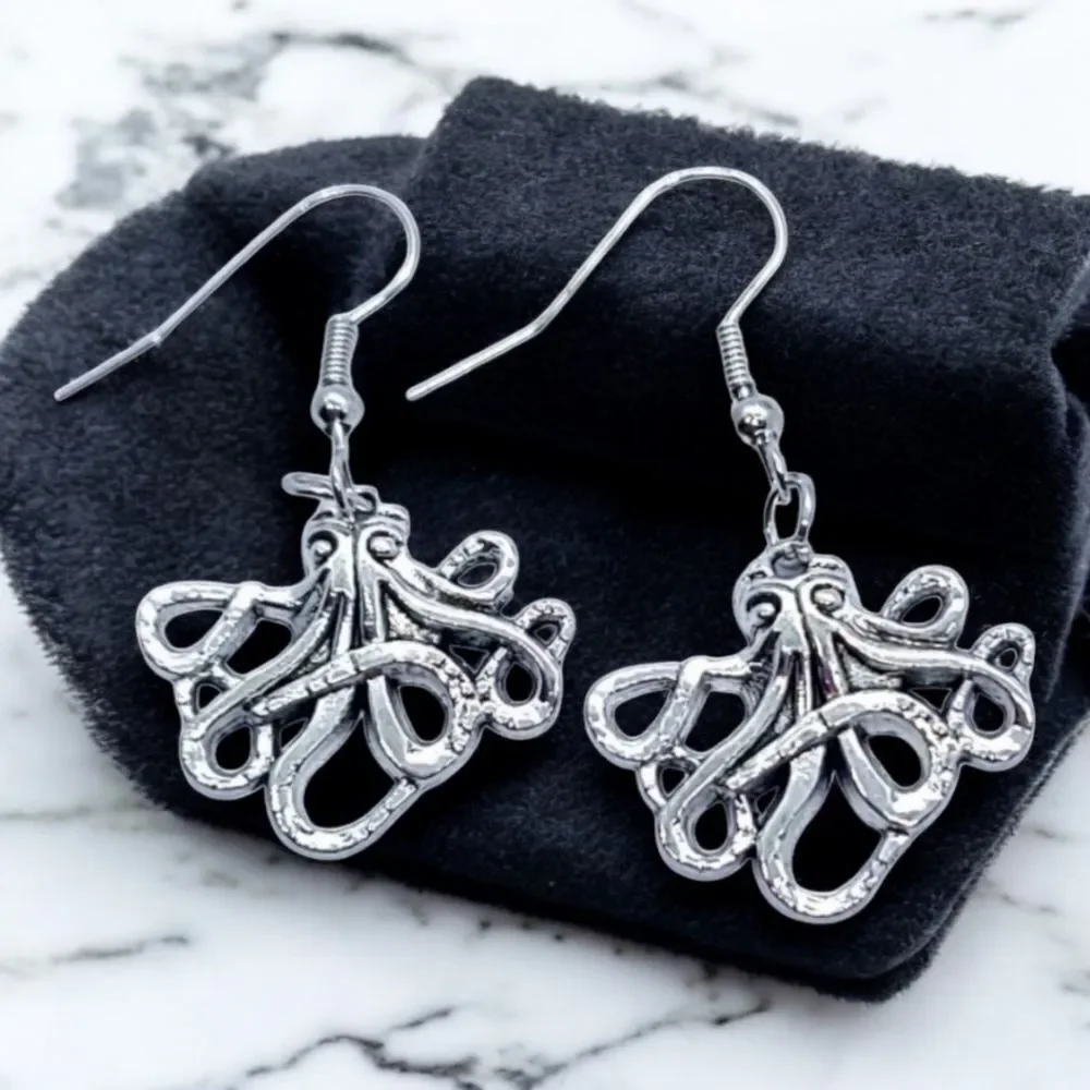 Kraken Octopus Earrings Silver Steampunk Pirate Nautical Squid Dangle Jewelry